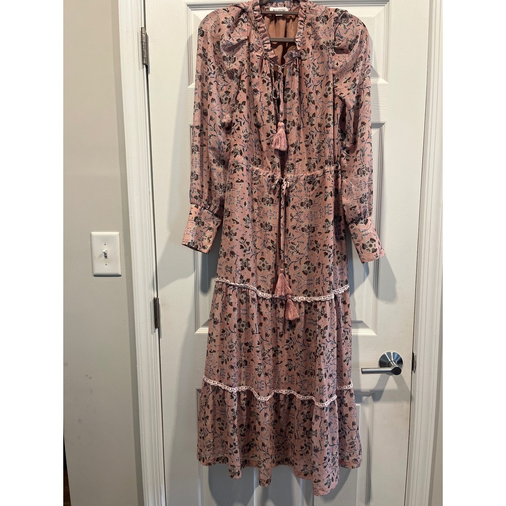Allison New York Floral Tiered Maxi Dress Pink Tassel Boho Long Sleeve Medium